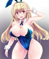 Rule 34 | 1girl, animal ears, blonde hair, blue eyes, blue ribbon, breasts, cleavage, commentary request, covered navel, cowboy shot, detached collar, fake animal ears, gradient background, grey background, karune, large breasts, leaning forward, leotard, looking at viewer, neck ribbon, open mouth, original, playboy bunny, rabbit ears, rabbit tail, ribbon, round teeth, smile, solo, standing, tail, teeth, upper teeth only, v over eye, wrist cuffs