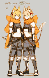 Rule 34 | 2boys, alternate color, animal ear fluff, animal ears, bell, belt, blonde hair, blue eyes, boots, bow, bow (weapon), brown belt, brown footwear, brown gloves, closed mouth, commentary request, crop top, expressionless, fingerless gloves, fox ears, full body, gloves, grey background, grey eyes, grey pants, grey shirt, grey shorts, hair bell, hair between eyes, hair bow, hair ornament, holding, holding bow (weapon), holding weapon, jingle bell, kusabi (aighe), long bangs, looking at viewer, male focus, midriff, multiple boys, navel, orange scarf, pants, ragnarok online, ranger (ragnarok online), red bow, scarf, shirt, short hair, shorts, simple background, sleeveless, sleeveless shirt, smile, standing, weapon