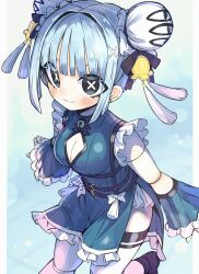 Rule 34 | 1girl, :3, absurdres, bell, black eyes, blue background, blue dress, blue hair, blunt bangs, blush, breasts, cleavage, cleavage cutout, closed mouth, clothing cutout, cowboy shot, doll joints, double bun, dress, frills, hair bun, hair ornament, highres, joints, ketopon, looking at viewer, medium breasts, medium hair, neck bell, original, sidelocks, symbol-shaped pupils, x-shaped pupils, x hair ornament