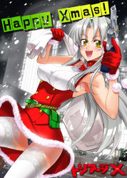 Rule 34 | 1girl, bag, blush, breasts, buckle, eight ball (triage x), gloves, gun, handgun, kiba mikoto, large breasts, open mouth, panties, pantyshot, revolver, s&amp;w model 627, satou shouji, shirt, silver hair, smile, smith &amp; wesson, snowing, solo, taut clothes, taut shirt, thighhighs, triage x, underwear, weapon, yellow eyes