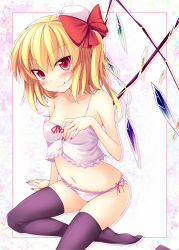 Rule 34 | 1girl, black thighhighs, blonde hair, bow, female focus, flandre scarlet, hair bow, lingerie, nail polish, nullken, red eyes, red nails, short hair, side ponytail, solo, thighhighs, touhou, underwear, underwear only, wings