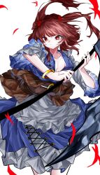 Rule 34 | 1girl, absurdres, alt text, blue dress, bracelet, breasts, cleavage, closed mouth, commentary, dress, hair bobbles, hair ornament, highres, holding, holding scythe, jewelry, medium breasts, onozuka komachi, red eyes, red hair, scythe, short sleeves, simple background, solo, touhou, two side up, vivo (vivo sun 0222), white background