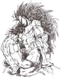 Rule 34 | age difference, bara, bardock, father and son, long hair, male focus, monochrome, muscular, raditz, yaoi