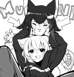 Rule 34 | 2girls, animal ear fluff, animal ears, blush, cat ears, cat girl, closed eyes, commentary, greyscale, hair ornament, hairclip, hands on another&#039;s face, hololive, hood, hoodie, long sleeves, lowres, monochrome, multicolored hair, multiple girls, nejime, nekomata okayu, nekomata okayu (1st costume), ookami mio, ookami mio (casual), open mouth, smile, streaked hair, upper body, virtual youtuber, wolf ears