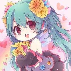 Rule 34 | 1girl, bouquet, chibi, detached sleeves, flower, green hair, hair flower, hair ornament, hatsune miku, headphones, heart, heart-shaped pupils, long hair, looking at viewer, natubudou, open mouth, petals, red eyes, skirt, solo, symbol-shaped pupils, twintails, very long hair, vocaloid