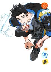 Rule 34 | 1boy, black footwear, black hair, black jacket, black pants, blue eyes, food, from above, full body, gyps loafar, jacket, looking at viewer, male focus, mouth hold, open clothes, open jacket, pants, sendou akira, shirt, shoes, short hair, simple background, slam dunk (series), sneakers, solo, spiked hair, squatting, tying footwear, white background, white shirt
