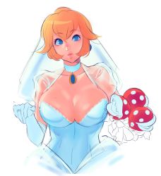 Rule 34 | 1girl, absurdres, blonde hair, blue eyes, bouquet, breasts, bridal veil, cleavage, dress, elbow gloves, flower, gloves, highres, jewelry, large breasts, long hair, looking at viewer, loyproject, mario (series), nintendo, princess peach, princess peach (wedding), solo, super mario odyssey, veil, wedding dress, white gloves