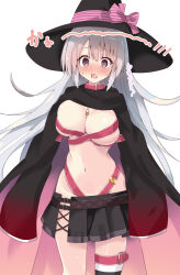 Rule 34 | 1girl, @ @, absurdres, ayachi nene, belt, black hat, blush, breasts, collar, commentary request, grey hair, hair between eyes, hat, highres, large breasts, looking at viewer, navel, open mouth, purple eyes, purunyara, sanoba witch, scarf, simple background, skirt, solo, striped clothes, striped thighhighs, sweat, thighhighs, translation request, white background, witch hat