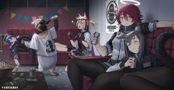 Rule 34 | 4girls, absurdres, alcohol, animal ear fluff, animal ears, arknights, beanie, beer, beer can, bird, blouse, can, demon horns, drink can, drinking, drunk, emperor penguin, exusiai (arknights), food, halo, hat, highres, horns, money, mostima (arknights), multiple girls, necktie, necktie on head, pantyhose, penguin, penguin logistics (arknights), penguin logistics logo, popcorn, poster (object), red hair, shirt, sleeping, sora (arknights), texas (arknights), the emperor (arknights), tupac shakur, vertigris, white shirt, wolf ears