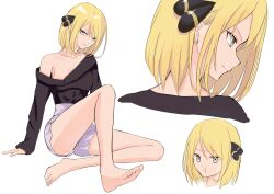 Rule 34 | 1girl, :t, absurdres, arm support, bare legs, barefoot, blonde hair, breasts, cleavage, closed mouth, commentary request, creatures (company), cynthia (pokemon), earrings, game freak, grey eyes, hair ornament, high-waist shorts, highres, jewelry, kashumashux51, medium breasts, medium hair, multiple views, nintendo, off shoulder, pokemon, pokemon dppt, pout, shirt, shorts, simple background, sitting, toes, white background