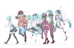Rule 34 | 6+girls, ?, ^^^, aqua eyes, aqua hair, aqua necktie, arm behind back, bare shoulders, black bow, black gloves, black legwear, black skirt, black sleeves, blue hair, boots, bow, cable, closed eyes, commentary, detached sleeves, digital dissolve, eighth note, floating, framed breasts, from side, get, gloves, goggles, goggles on headwear, green hair, grey shirt, hair ornament, hand on own chin, hatsune miku, headphones, holding own arm, jacket, japanese clothes, long hair, looking at another, magical mirai (vocaloid), magical mirai miku, magical mirai miku (2016), magical mirai miku (2017), multiple girls, multiple persona, music, musical note, necktie, nejikyuu, open mouth, pantyhose, senbon-zakura (vocaloid), shirt, short shorts, shorts, shoulder tattoo, singing, skirt, sleeveless, sleeveless shirt, smile, songover, spoken musical note, spoken squiggle, spoken sweatdrop, squiggle, suna no wakusei (vocaloid), suspender skirt, suspenders, sweatdrop, tattoo, thigh boots, thighhighs, twintails, very long hair, vocaloid, walking, white legwear, white shirt, wide sleeves, zettai ryouiki