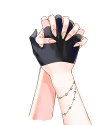 Rule 34 | 2girls, black gloves, close-up, commentary request, gloves, hand focus, highres, holding hands, hololive, hoshimachi suisei, multiple girls, out of frame, partially fingerless gloves, sakura miko, simple background, star bracelet, tobitaineko, virtual youtuber, white background, yuri