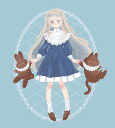 Rule 34 | 1girl, blonde hair, blue background, blue dress, blue eyes, blush, brown footwear, dress, full body, highres, holding, holding stuffed toy, loafers, long hair, long sleeves, looking at viewer, nordic50425, original, shoes, socks, solo, star (symbol), star in eye, stuffed animal, stuffed cat, stuffed rabbit, stuffed toy, symbol in eye, very long hair, white socks