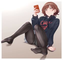 Rule 34 | 1girl, black hoodie, black pantyhose, black sweater, blush, cellphone, closed mouth, clothes pull, clothes writing, commentary request, couch, drawstring, feet, frown, full body, glaring, hair ornament, hairclip, highres, higuchi madoka, holding, holding phone, hood, hood down, hoodie, idolmaster, idolmaster shiny colors, knees up, long sleeves, miniskirt, misakichintin, mole, mole under eye, nail polish, no shoes, panties, pantyhose, phone, pillow, pleated skirt, purple nails, shaded face, sitting, skirt, smartphone, solo, sweat, sweater, underwear, v-shaped eyebrows, white skirt