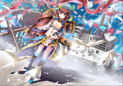 1girl armor bird blush boots breasts brown_hair cleavage cloud day dragon dutch_angle female_focus flying fusai gloves hat long_hair medium_breasts military military_vehicle miniskirt outdoors ship shoulder_armor skirt sky smile solo pauldrons standing turret warship watercraft yellow_eyes