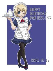 Rule 34 | 1girl, ;), alternate costume, apron, black thighhighs, blonde hair, blue background, blue eyes, blue footwear, braid, braided bun, character name, closed mouth, collared dress, commentary, cup, darjeeling (girls und panzer), dated, dress, english text, enmaided, frilled dress, frilled sleeves, frills, full body, girls und panzer, hair bun, hand on own hip, happy birthday, high heels, holding, holding tray, looking at viewer, maid, maid apron, maid headdress, neck ribbon, one eye closed, outline, outside border, pantyhose, puffy short sleeves, puffy sleeves, red ribbon, ribbon, saucer, short dress, short hair, short sleeves, smile, solo, standing, takahashi kurage, teacup, teapot, thighhighs, tray, twin braids, white apron, white outline, wing collar