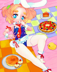 Rule 34 | 1girl, animal ears, apron, arm ribbon, bare shoulders, blonde hair, blue eyes, blue leotard, breasts, bright pupils, cheesecake, cream pie (nijiura maids), cupcake, detached collar, food, frilled apron, frills, fruit, futaba channel, highres, leotard, looking to the side, lying, maid apron, necktie, nijiura maids, on back, open mouth, pantyhose, pie, plate, playboy bunny, rabbit ears, rabbit tail, red necktie, red ribbon, ribbon, rubber duck, short hair, small breasts, solo, strapless, strapless leotard, strawberry, tail, thick eyebrows, tsukiyono aroe, two side up, waist apron, whipped cream, white apron, white pantyhose, white pupils, white wrist cuffs, wrist cuffs