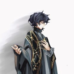Rule 34 | 1boy, blue hair, cassock, chinese commentary, closed eyes, commentary request, cross, dark blue hair, from side, gold trim, hand on own chest, holding, holding cross, long sleeves, male focus, mutou (wanniya88414), parted lips, saibou shinkyoku, short hair, solo, stole, upper body, utsugi noriyuki