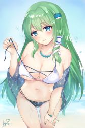Rule 34 | 1girl, alternate costume, beach, bent over, blue eyes, blue nails, blurry, blurry background, blush, bracelet, breasts, cismlyri, cleavage, collarbone, commentary request, detached sleeves, frog hair ornament, green hair, hair ornament, head tilt, highres, jewelry, kochiya sanae, large breasts, long hair, long sleeves, looking at viewer, nail polish, navel, necklace, ocean, signature, smile, snake hair ornament, solo, stomach, string pull, swimsuit, thighs, touhou, water drop, wet, wide sleeves