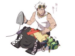 Rule 34 | 1boy, cable, clothes, clothes iron, commentary request, creatures (company), cutiefly, eyewear on head, fingernails, game freak, gen 2 pokemon, gen 7 pokemon, guzma (pokemon), holding, ironing board, kneeling, looking at another, male focus, muscular, nintendo, pokemon, pokemon (creature), pokemon sm, ryanpei, spinarak, sunglasses, tank top, translation request, watch, white background, white hair, white tank top, wristwatch, yellow-framed eyewear