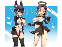 Rule 34 | 10s, 2girls, :3, bad id, bad pixiv id, black hair, blush, breasts, breasts out, checkered clothes, checkered necktie, checkered neckwear, cum, cum on body, cum on breasts, cum on upper body, eyepatch, fingerless gloves, gloves, halo, headgear, heart, kantai collection, kona sleipnir, looking at viewer, mechanical halo, multiple girls, necktie, nipples, one eye closed, open mouth, purple eyes, purple hair, short hair, skirt, skirt tug, sweatdrop, tatsuta (kancolle), tears, tenryuu (kancolle), thighhighs, torn clothes, wardrobe malfunction, wavy mouth, yellow eyes