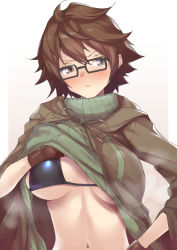Rule 34 | 1girl, aussa the earth charmer, blush, breasts, brown cloak, brown eyes, brown hair, brown ribbon, cloak, closed mouth, glasses, green sweater, highres, large breasts, lifting own clothes, looking at viewer, messy hair, navel, neck ribbon, nukkoru, ribbed sweater, ribbon, short hair, simple background, solo, steaming body, sweat, sweater, turtleneck, turtleneck sweater, upper body, yu-gi-oh!