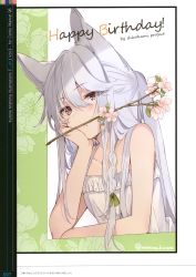 Rule 34 | 1girl, absurdres, animal ears, bare arms, cat, cat ears, cat girl, flower, flower in mouth, highres, looking at viewer, mishima kurone, red eyes
