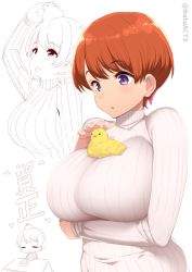 Rule 34 | 1girl, animal, animal between breasts, animal on chest, animal on head, batsu, bird, blush, breasts, chick, kotatsu, large breasts, long sleeves, object on breast, on head, orange hair, original, purple eyes, ribbed sweater, short hair, simple background, smile, solo, sweater, table, turtleneck, white background