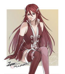Rule 34 | 1girl, artist name, bare shoulders, boots, breasts, cleavage, cm lynarc, cordelia (fire emblem), elbow gloves, fire emblem, fire emblem awakening, gloves, highres, long hair, looking at viewer, nintendo, plunging neckline, red eyes, red footwear, red gloves, red hair, sitting, small breasts, smile, solo, thigh boots