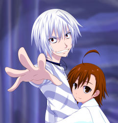 Rule 34 | 00s, 1boy, 1girl, accelerator (toaru majutsu no index), age difference, ahoge, blurry, blurry background, bokeh, brown eyes, brown hair, choker, depth of field, grin, hug, last order (toaru majutsu no index), looking at viewer, outstretched arm, red eyes, smile, tagme, teeth, toaru majutsu no index, watarui, white hair