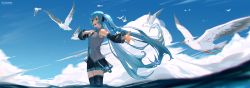 Rule 34 | 1girl, absurdres, aqua eyes, aqua hair, aqua necktie, bare shoulders, bird, black skirt, black sleeves, black thighhighs, breasts, commentary, detached sleeves, grey shirt, hair ornament, hand on own chest, hatsune miku, headset, highres, long hair, lufi ays, miniskirt, music, necktie, ocean, open mouth, outstretched arm, pleated skirt, seagull, shirt, singing, skirt, sleeveless, sleeveless shirt, small breasts, solo, thighhighs, twintails, very long hair, vocaloid, wading, wide sleeves