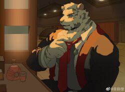 Rule 34 | 1boy, absurdres, adjusting clothes, adjusting necktie, alternate costume, animal ears, arknights, bara, blue eyes, facial hair, furry, furry male, goatee, highres, large hands, looking at viewer, male focus, me-me (mouact2), mountain (arknights), necktie, red necktie, scar, scar across eye, short hair, sideways glance, solo, thick eyebrows, tiger boy, tiger ears, white hair