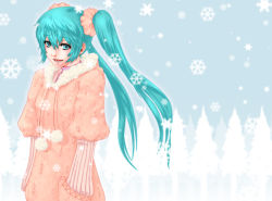 Rule 34 | 1girl, aqua eyes, aqua hair, hands in pockets, hatsune miku, koz, long hair, looking at viewer, smile, snow, solo, twintails, very long hair, vocaloid, winter clothes