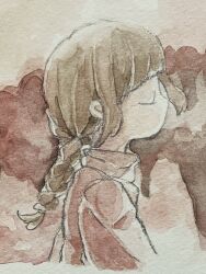 Rule 34 | 1girl, abstract background, blunt bangs, braid, brown hair, closed eyes, commentary request, cropped torso, expressionless, from side, highres, koto (patina375887), limited palette, long hair, long sleeves, madotsuki, no mouth, painting (medium), profile, red background, red sweater, solo, sweater, traditional media, turtleneck, turtleneck sweater, watercolor (medium), yume nikki