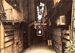 Rule 34 | alley, barred window, boarded windows, cable, commentary request, crosshatching, hatching (texture), highres, ibsukionsen, lantern, no humans, original, outdoors, plant, redrawn, scenery, sliding doors, traditional media, window