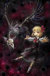 Rule 34 | 1girl, bad id, bad pixiv id, bird, blonde hair, creepy, embodiment of scarlet devil, female focus, full body, horror (theme), outstretched arms, red eyes, ribbon, rumia, sai-go, skeleton, solo, spread arms, touhou