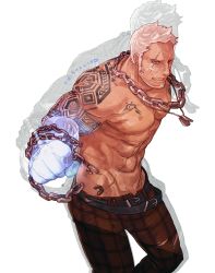 Rule 34 | 1boy, aaron huton (cyphers), abs, arm tattoo, artist request, bandaid, bandaid on cheek, bandaid on face, bara, beard, belt, brown pants, chain, chain necklace, cyphers, dog tags, facial hair, feet out of frame, glowing arm, grin, groin, highres, jewelry, large pectorals, male focus, mature male, muscular, muscular male, navel, necklace, no nipples, open belt, pants, pectorals, scar, scar across eye, scar on stomach, short hair, smile, smirk, solo, stomach, tattoo, topless male, veins, white background, white hair
