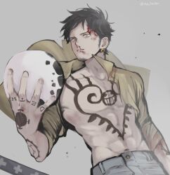 Rule 34 | 1boy, ani3nrtm, arm tattoo, black hair, blood, blood on face, chest tattoo, earrings, facial hair, hand tattoo, hand up, hat, unworn hat, unworn headwear, highres, holding, holding clothes, holding hat, injury, jewelry, male focus, nosebleed, one piece, open clothes, open shirt, sheath, shirt, short hair, simple background, sleeves rolled up, solo, tattoo, trafalgar law, twitter username, yellow eyes, yellow shirt