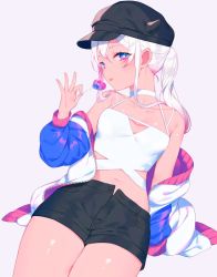 Rule 34 | 1girl, achiki, bad id, bad twitter id, bare shoulders, black hat, black shorts, blue eyes, breasts, cabbie hat, candy, choker, collarbone, cowboy shot, crop top, food, hand up, hat, heart, heart-shaped lollipop, heart-shaped pupils, holding, jacket, lollipop, long hair, long sleeves, looking at viewer, midriff, multicolored eyes, navel, off shoulder, open clothes, open fly, open jacket, original, pink eyes, ponytail, purple background, shaped lollipop, shirt, short shorts, shorts, sidelocks, simple background, sleeveless, sleeveless shirt, small breasts, solo, stomach, symbol-shaped pupils, thighs, tongue, tongue out, white choker, white hair, white jacket, white shirt