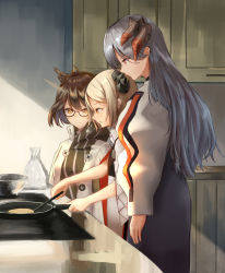 Rule 34 | 3girls, absurdres, antenna hair, arknights, black-framed eyewear, black skirt, bowl, brown eyes, brown hair, commentary request, cowboy shot, feather hair, from side, frying pan, glasses, highres, holding, holding frying pan, horns, ifrit (arknights), indoors, jacket, long hair, long sleeves, multiple girls, parted lips, pointy hair, profile, puffy sleeves, saria (arknights), shirt, short hair, sidelocks, silence (arknights), silver hair, skirt, standing, uzurako, white jacket, white shirt