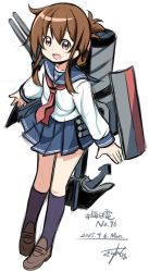 Rule 34 | 10s, 1girl, 2015, anchor, black socks, brown eyes, brown footwear, brown hair, dated, folded ponytail, gurande (g-size), highres, inazuma (kancolle), kantai collection, kneehighs, loafers, long hair, long sleeves, necktie, sailor collar, school uniform, serafuku, shoes, simple background, socks, solo, standing, white background