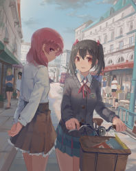 Rule 34 | 10s, 2girls, arms behind back, badge, basket, bicycle, bicycle basket, black hair, blazer, blue sky, brown skirt, building, bus, cardigan, cloud, crowd, day, double-decker bus, dress shirt, hair ribbon, highres, huanxiang heitu, jacket, long sleeves, looking at viewer, love live!, love live! school idol project, multiple girls, neck ribbon, nishikino maki, open mouth, outdoors, plaid, plaid skirt, pleated skirt, purple eyes, red eyes, red hair, ribbon, road, school uniform, shirt, skirt, sky, smile, standing, storefront, street, town, twintails, white shirt, wing collar, yazawa nico