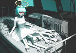 Rule 34 | 1girl, bed, blue hair, colored skin, dress, extra arms, female focus, glowing, glowing eyes, halo, hospital bed, kurokuro (pmnovel), laboratory, monster girl, original, red eyes, short hair, solo, strap slip, white skin, wire