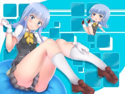 Rule 34 | 1girl, ascot, blue background, blue hair, blush, breasts, brown footwear, closed mouth, collared shirt, cushion, gloves, grey skirt, grey vest, hatsukaze (kancolle), hime cut, kantai collection, kneehighs, long hair, looking at viewer, mini person, minigirl, open mouth, piyobomu, ribbon, school uniform, shirt, shoes, short sleeves, sitting, skirt, small breasts, smile, socks, two-tone background, vest, white background, white gloves, white shirt, white socks, yellow ascot, yellow ribbon
