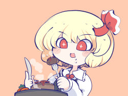 Rule 34 | 1girl, black vest, blonde hair, blush, carrot, chahan (fried rice0614), collared shirt, drooling, food, fork, frilled shirt collar, frills, hair ribbon, hands up, holding, holding fork, holding knife, knife, long sleeves, looking at object, meat, mouth drool, necktie, open mouth, orange background, red eyes, red necktie, red ribbon, ribbon, rumia, shirt, short hair, simple background, solo, sparkling eyes, steak, steam, steaming food, table, touhou, vest, white shirt