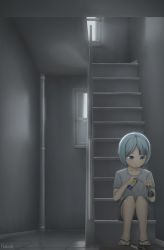 Rule 34 | 1girl, android, artist name, backlighting, blue eyes, blue hair, can, closed mouth, collarbone, female focus, flip-flops, highres, hukods, indoors, mechanical parts, original, sandals, shirt, signature, sitting, solo, stairs, stairwell, t-shirt, window