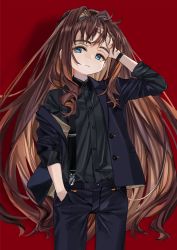 Rule 34 | 1girl, album cover, arm up, black jacket, black pants, black shirt, blue eyes, closed mouth, collared shirt, commentary, cover, dress shirt, elisia valfelto, hair intakes, hand in pocket, head tilt, highres, jacket, long hair, long sleeves, looking at viewer, luicent, open clothes, open jacket, original, pants, red background, shirt, simple background, solo, suspenders, thick eyebrows, very long hair