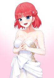 Rule 34 | 1girl, :d, absurdres, alternate costume, alternate hairstyle, bare arms, bare shoulders, blue eyes, blunt bangs, blush, braid, breasts, cleavage, collarbone, commentary request, cowboy shot, dress, eyelashes, flower, french braid, go-toubun no hanayome, gomashiwo o, gradient background, hair flower, hair ornament, hands up, happy, highres, large breasts, looking at viewer, nakano nino, open mouth, own hands together, pink background, print dress, red hair, short hair, simple background, smile, solo, strapless, strapless dress, tsurime, wedding dress, white background, white dress, white flower
