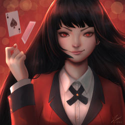 Rule 34 | 1girl, absurdres, ace (playing card), ace of spades, arm up, artist name, black hair, buttons, card, closed mouth, collared shirt, female focus, fingernails, highres, jabami yumeko, jacket, kakegurui, lips, long hair, long sleeves, looking at viewer, nail polish, playing card, red eyes, red jacket, red lips, red nails, shirt, signature, smile, smirk, solo, spade (shape), suit jacket, swept bangs, upper body, white shirt, wing collar, zienu