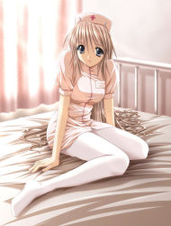 Rule 34 | 1girl, arms at sides, bed, full body, highres, indoors, long hair, nurse, original, pantyhose, posted three times, shiragi, sitting, smile, solo, very long hair, white pantyhose